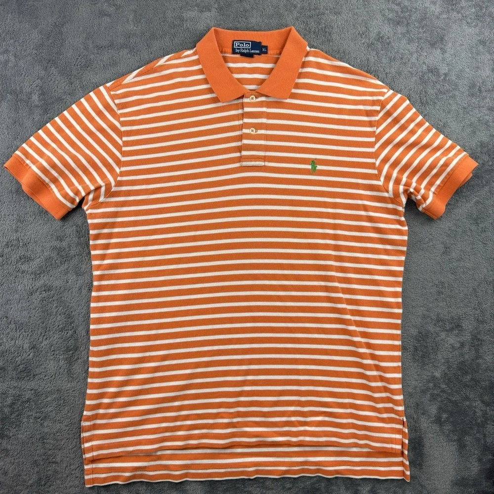 Polo Ralph Lauren Polo Shirt Men XL Orange Striped Short Sleeve Cotton Classic